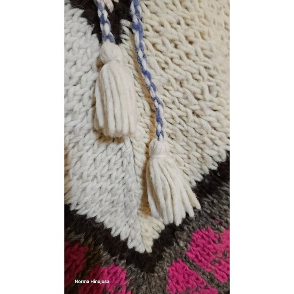 Handmade Knit Poncho With Tassels & Floral Pattern White Pink Black - Picture 3 of 4